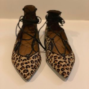 Zara pointed toe leopard pony hair lace up flats